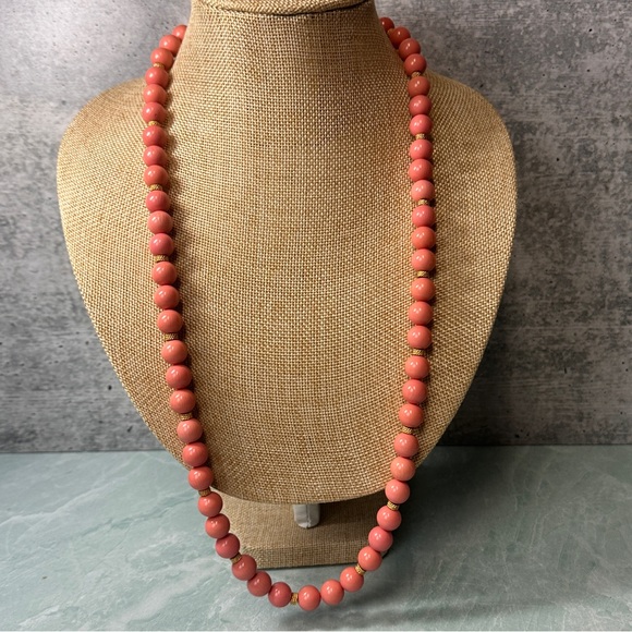 Les Bernard Jewelry - Vintage Les Bernard Coral Pink and Gold Beaded Long Necklace